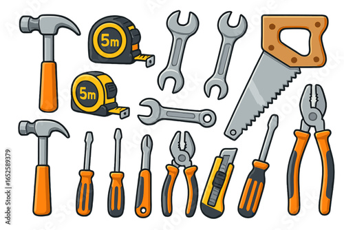 Set of construction tools for home improvement and DIY projects. Vector cartoon icons of hammer, saw, wrench, screwdriver, pliers. Carpentry and repair equipment collection.