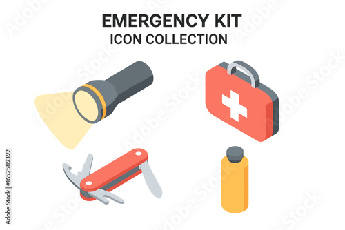 Emergency kit isometric icon set. Survival gear collection for disaster preparedness. First aid box, flashlight, multi-tool knife, and water bottle. Vector graphic illustration.