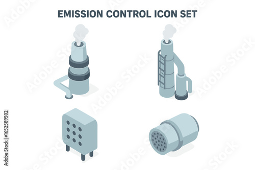 Emission control icon set. Isometric vector illustration of flue gas scrubber tower, smokestack, particulate filter, and catalytic converter. Industrial air pollution concept.