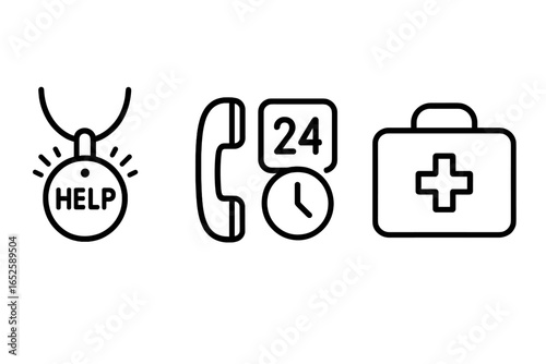 Emergency response vector icon set. Medical alert system, panic button, 24-hour support hotline, first aid kit. Line icons for healthcare, senior safety, emergency call.