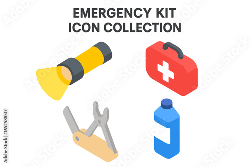 Emergency preparedness kit icons. Isometric vector illustration set of survival gear. First aid box, flashlight, multi-tool knife, and water. Disaster safety concept.