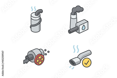 Isometric emission control icon set. Factory pollution, flue gas scrubber tower, car exhaust particulate filter, catalyst concept. Clean air and ecology vector illustrations.
