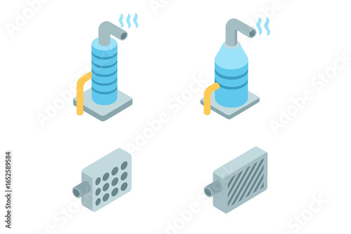 Emission Control Isometric Icon Set. Flue gas scrubber tower, particulate filter, catalytic converter for air purification. Vector illustration for pollution & CO2 reduction.