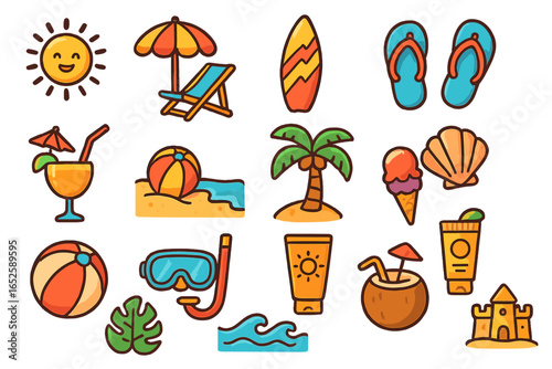 Summer beach icon set. Tropical vacation cartoon elements. Fun sunny day activities collection. Vector illustration of sun, surfboard, palm tree, cocktail, sandcastle.
