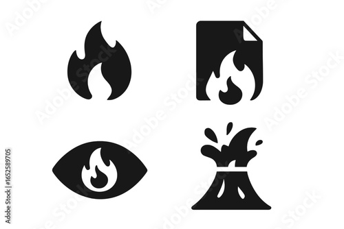 Emotional fire symbol icon set for concepts of anger, rage, and passion. Vector glyphs of flame, burning paper, fiery eye, and erupting volcano for destruction.