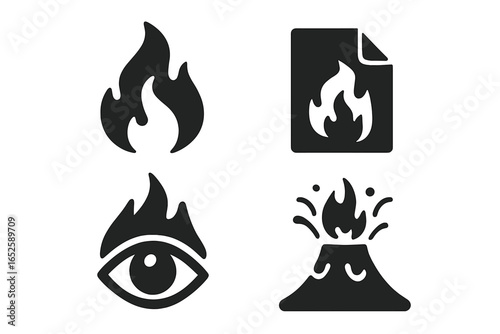 Fire emotion icon set. Vector symbols of flame, burning document, fiery eye, erupting volcano. Concept of passion, anger, destruction, power, energy, rage. Solid glyphs.
