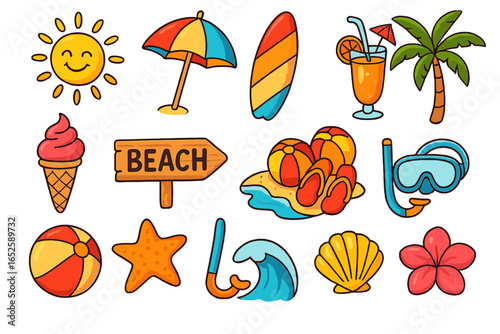 Summer beach icon set. Colorful cartoon vector collection for vacation and travel. Tropical holiday elements: sun, palm, surfboard, cocktail, sea, shell, ball, ice cream.