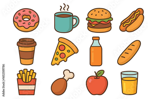 Food and beverage icon set. Vector cartoon collection of fast food, snacks and drinks. Burger, pizza, hot dog, fries, donut, coffee, juice, apple for restaurant menu.
