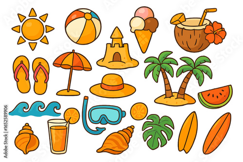 Summer beach icon set. Tropical vacation elements collection. Vector cartoon illustration of sun, palm tree, surfboard, ice cream, cocktail for holiday travel design.