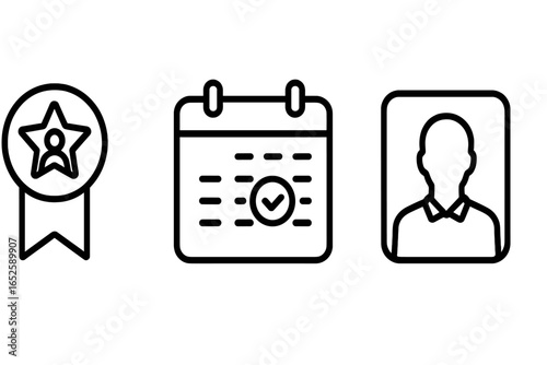 Employee of the month icon set. Staff recognition award, performance program concept. Star badge, calendar date, and user profile silhouette. HR vector line icons.
