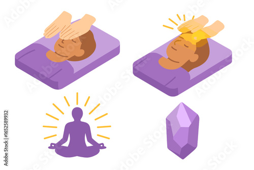 Energy healing isometric icons set. Reiki hand positions for head massage and therapy. Spiritual wellness concept with meditation aura and healing amethyst crystal vector.