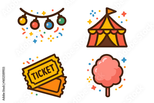 Circus carnival icon set. Funfair party collection with tent, tickets, cotton candy, and lights. Festive amusement park entertainment symbols. Vector cartoon illustration.
