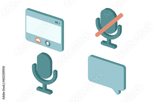 Isometric virtual communication icon set. Video conference, online meeting, webinar symbols. Microphone mute, unmute, chat bubble, and call interface icons for app UI/UX.