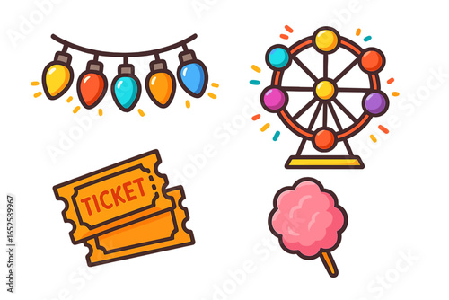 Carnival fair icons set. Amusement park festival vector elements. Ferris wheel, admission ticket, cotton candy, party lights. Fun entertainment celebration symbol collection.