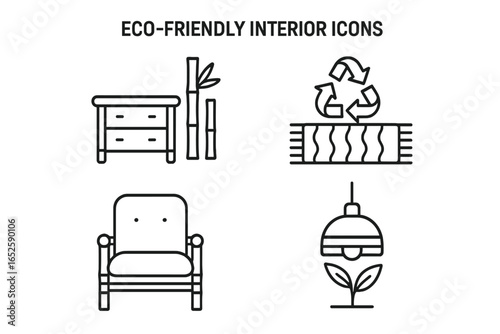 Eco-friendly interior design icon set. Sustainable living outline symbols with bamboo furniture, recycled material rug, armchair, and eco lamp. Vector illustration concept.