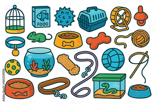 Pet shop accessories icon set. Doodle cartoon illustration of pet supplies for dog, cat, fish, bird, snake. Vector collection of food, toys, collar, leash, and carrier.
