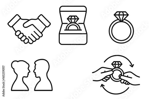 Engagement line icons set. Marriage proposal, wedding celebration vector symbols. Love, relationship concepts. Couple silhouette, diamond ring in box, handshake, ring exchange.