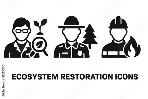 Ecosystem restoration team icon set. Ecologist biologist with plant, forest ranger for conservation, and firefighter for wildfire. Environmental protection and forestry symbols.