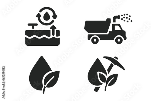 Environmental mining tech solid glyph icon set. Water recycling system, dust suppression truck, sustainable resources, and green extraction vector symbols for industrial ecology.