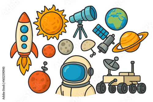 Space exploration icon set. Cartoon vector collection of astronaut, rocket, planets of the solar system, sun, moon, satellite, rover and telescope. Astronomy clip art for kids.