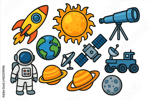 Space exploration icon set. Cartoon astronaut, rocket, planets, sun, moon, earth, satellite, rover and telescope vector illustration. Astronomy science clipart collection.