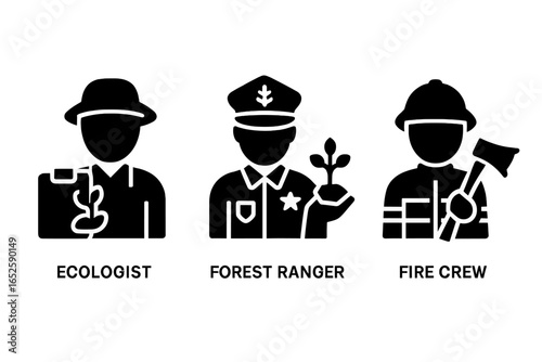 Ecosystem restoration solid icon set. Environmental team glyphs with ecologist, forest ranger, and fire crew. Conservation, nature protection, and ecology vector symbols.