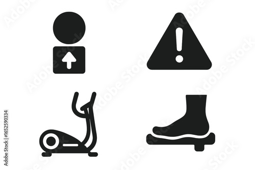 Elliptical machine safety icon collection. Solid glyph vector icons for user manual. Includes warning sign, foot pedal placement, and usage symbols for gym fitness equipment.