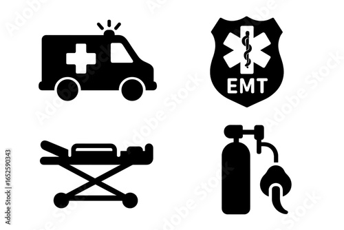 Emergency medical vector icon set. Paramedic solid glyph symbols. Ambulance, EMT star of life badge, hospital stretcher, oxygen tank with mask. First aid and rescue concept.