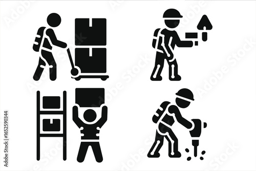 Exoskeleton technology solid icon set. Occupational use for physical labor. Warehouse worker, construction worker with bionic suit for heavy lifting. Industrial pictogram.