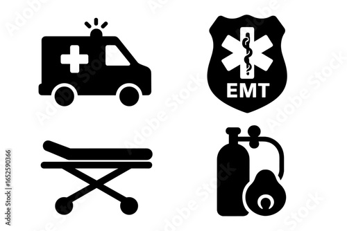 Emergency medical services icon set. Solid glyph icons for paramedics and EMTs. Includes ambulance, stretcher, oxygen tank, and medical badge. First aid vector.