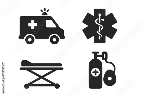 Emergency medical services solid icon set. Vector glyphs of ambulance, Star of Life, gurney, oxygen tank. Paramedic, EMT, first aid, hospital, and rescue symbols.