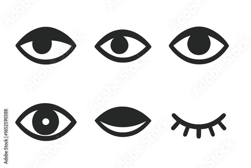 Eye icons set. Simple vector graphic symbols of human vision. Collection of different gazes: open, closed, looking up, down, and side glance. Minimalist logo elements.