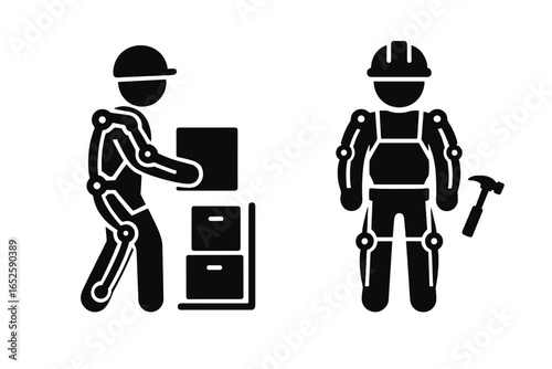 Exoskeleton worker solid glyph icons. Warehouse worker lifting box and construction worker with hammer. Industrial powered suit for occupational safety, support and lifting.