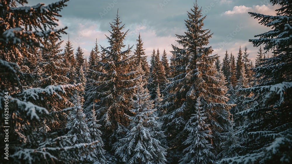 Fototapeta premium Breathtaking snowy landscape with frost-covered pine woods