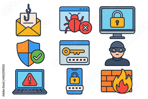 Cybersecurity icon set. Vector concepts of phishing scam, malware virus, hacker attack, firewall protection, password safety, data security. Online threat and safety cartoon.