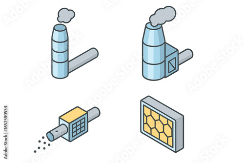 Isometric emission control icon set. Industrial air pollution technology with factory smokestack, flue gas scrubber tower, and particulate diesel filter for CO2 reduction.