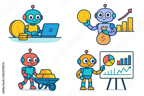 Robot finance character set. AI bot analyzing data, investing money. Fintech automation concept for business growth, profit. Cartoon mascot with coin, gold, chart vector illustration.