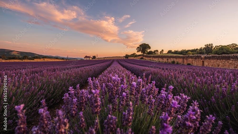 Obraz premium Breathtaking view of a lavender meadow bathed in soft sunset glow on a highland
