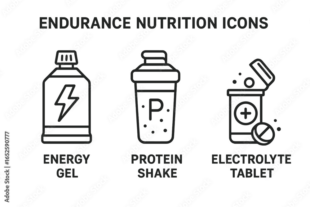 Endurance nutrition outline icon set. Vector symbols for athletes: energy gel, protein shake, electrolyte tablet. Sports supplement concept for running, cycling, marathon. Endurance nutrition outline icon set. Vector symbols for athletes: energy gel, protein shake, electrolyte tablet. Sports supplement concept for running, cycling, marathon.