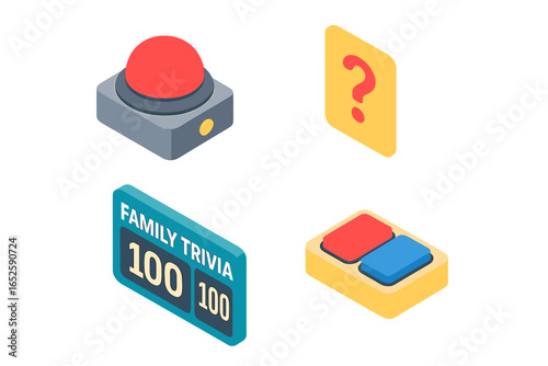 Family trivia game night isometric icon set. Vector illustration of a quiz show with a buzzer, question card, scoreboard, and team buttons for entertainment and competition.