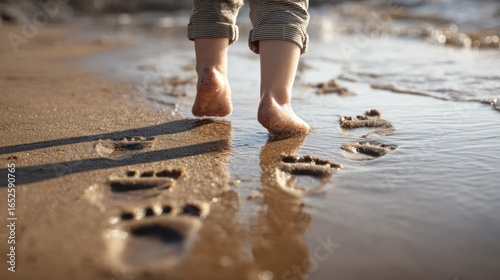 Child's feet making first footprints in wet sand
