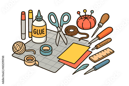 Collection of art and craft supplies for DIY projects. Creative hobby concept with scissors, glue, paper, tape, and tools. Vector illustration for school or workshop.