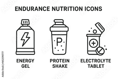 Endurance nutrition outline icon set. Vector symbols for athletes: energy gel, protein shake, electrolyte tablet. Sports supplement concept for running, cycling, marathon.
