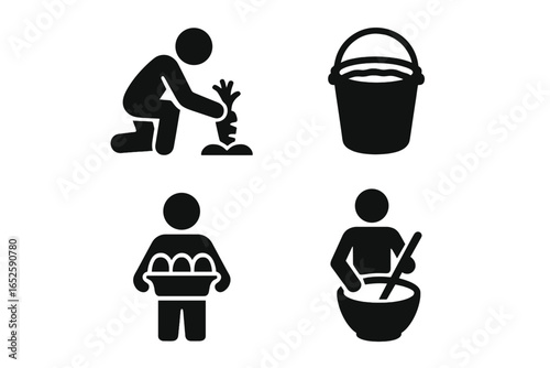 Farm to table icon set. Solid glyphs of food production. Farmer harvesting carrot, collecting eggs, cooking. Organic agriculture and local food concept vector symbols.