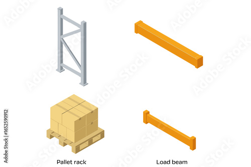 Isometric pallet rack system components for warehouse storage. Vector icon set with upright frame, load beams, and pallet with boxes. Industrial logistics and inventory concept.