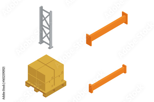 Isometric pallet racking parts icon set. Warehouse storage system components. Vector illustration of upright, crossbeam, load beam, and loaded pallet with cardboard boxes.