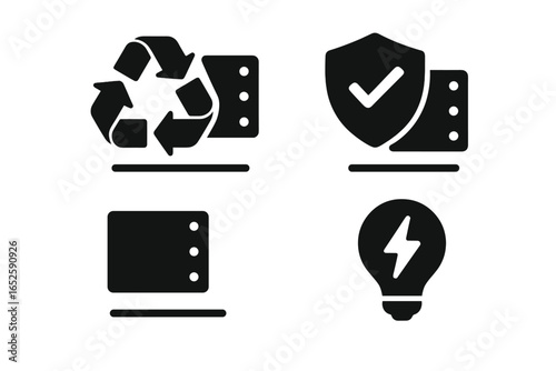 Environmental benefits of metal cladding solid icon set. Glyph pictograms for sustainability, recyclability, durability, and energy efficiency. Vector illustration symbols.