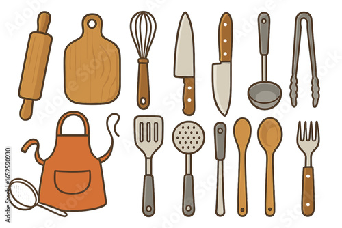 Cooking tools and kitchen utensils icon set. Vector illustration of culinary equipment for food preparation. Flat design clipart collection with knife, spoon, fork, and apron.