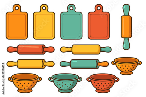 Colorful kitchen utensils set. Vector icons collection of cutting board, rolling pin, colander for cooking or baking. Retro cartoon flat design elements illustration.
