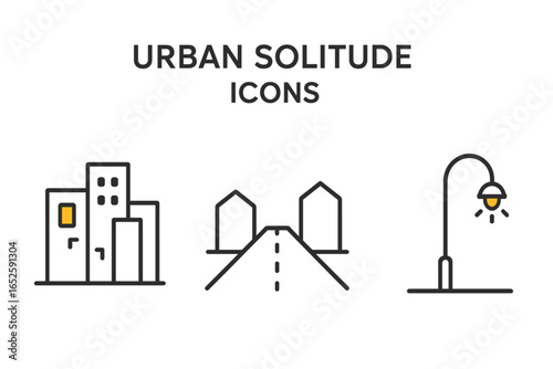 Urban solitude icon set. City loneliness concept. Empty street at night, road, buildings, and streetlamp. Minimalist line art vector illustration. Modern cityscape graphic.
